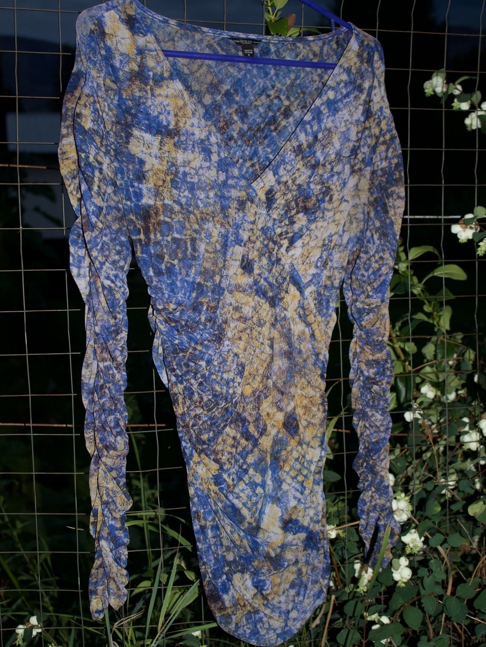 Guess Blue and Gold Abstract Long-Sleeve V-Neck Top